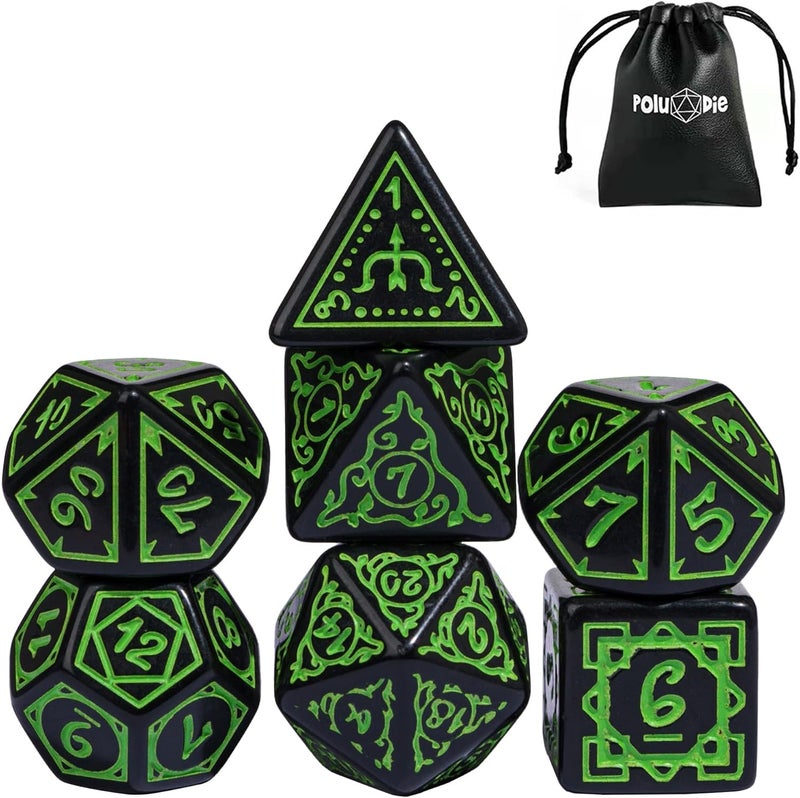 Poludie DND Dice Set -D&D Polyhedral Dice (7 Pcs) Druid Dice with Leather Dice Bag for Role Playing Dice Games RPGs(Druid - Black Green) - Image 1